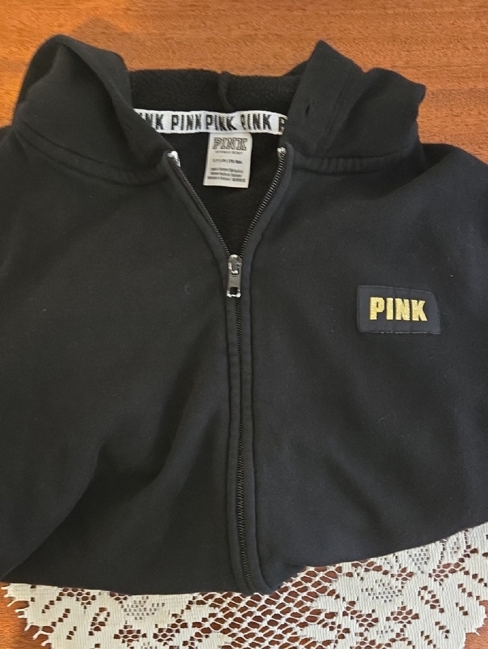 PINK Victoria's Secret Black  Zip-Up Hoodie with Gold Logo